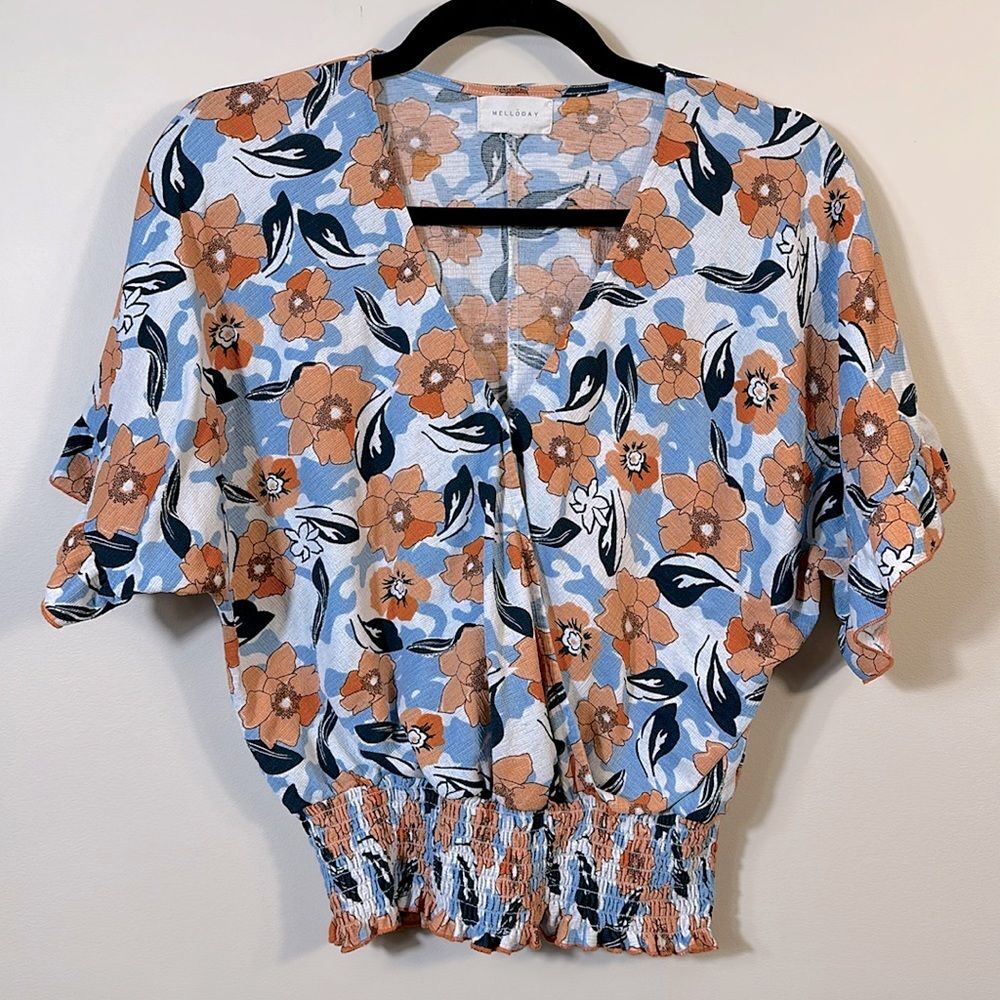 Melloday Floral Orange Blue Ruffle Summer Beach V Neck Blouse Women Size Small